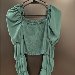 Green Smocked Puff Sleeve Blouse